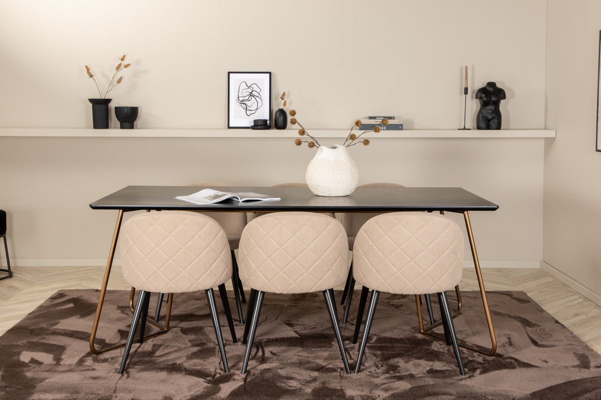 Venture Design Petra & Velvet Rektangulära Matbord 190 x 90 Svart + Matstolar 2-pack Beige