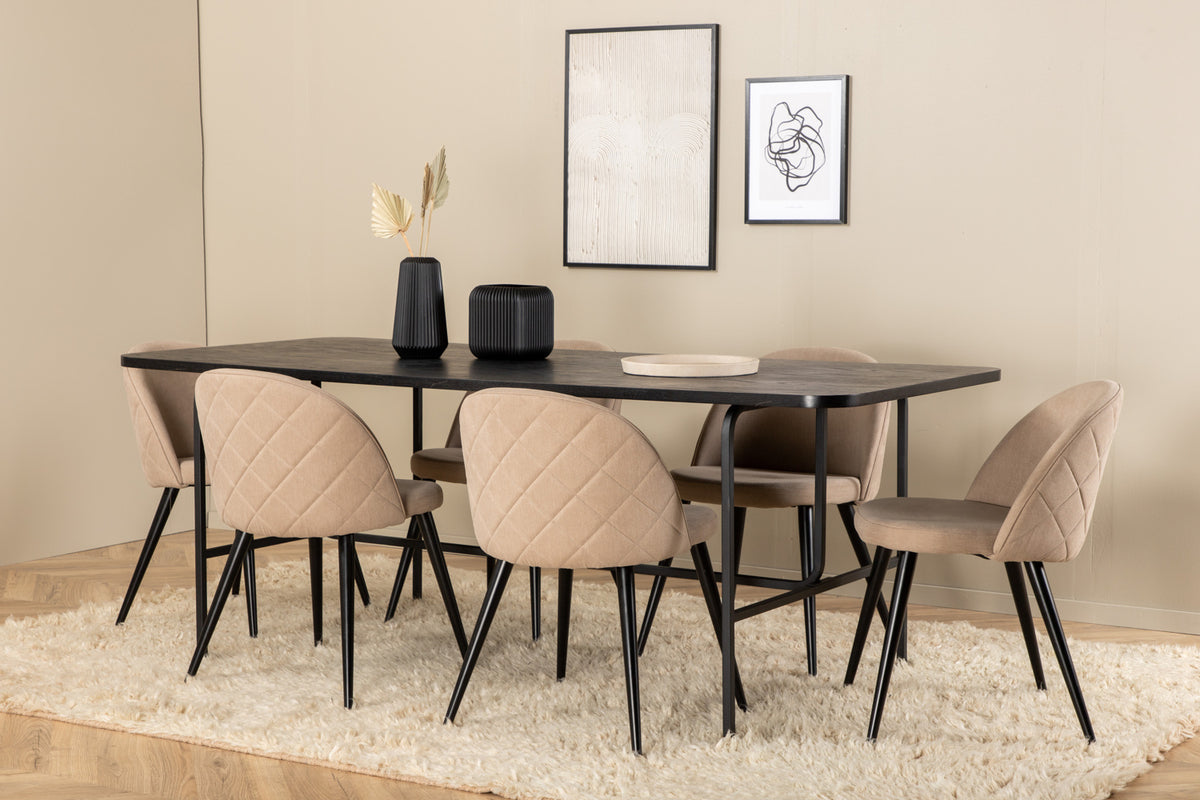 Venture Design Uno & Velvet Rektangulära Matbord 200 x 90 Svart + Matstolar 2-pack Beige