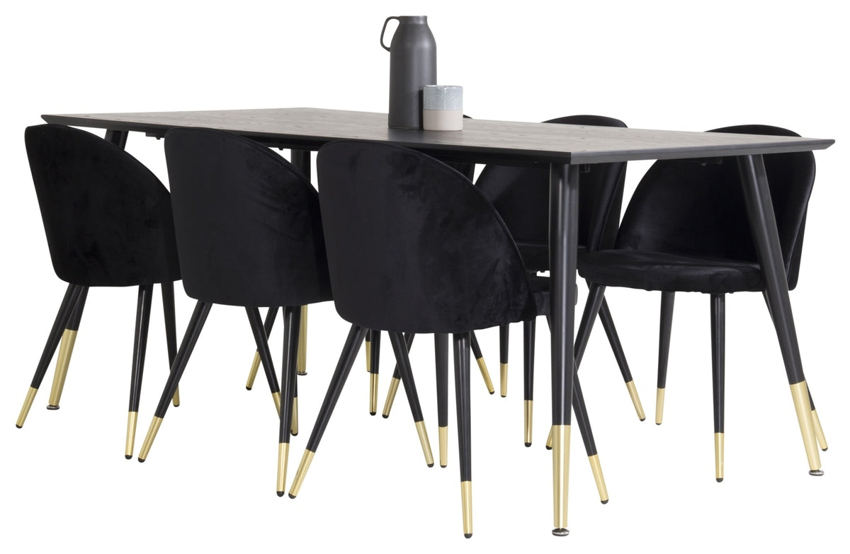 Venture Design Dipp & Velvet Rektangulära Matbord 180 x 90 Svart + Matstolar 2-pack Svart
