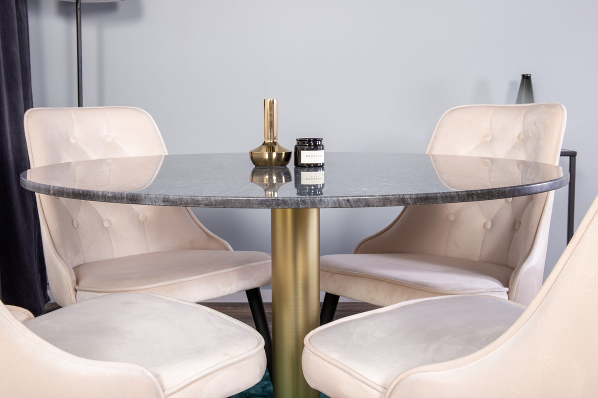 Venture Design Estelle & Velvet Deluxe Runda Matbord ⌀106 Mörkgrå + Matstolar 2-pack Beige