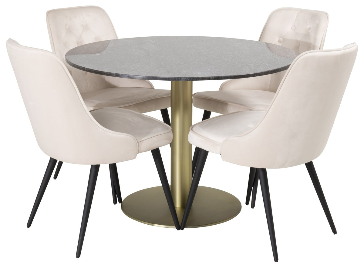 Venture Design Estelle & Velvet Deluxe Runda Matbord ⌀106 Mörkgrå + Matstolar 2-pack Beige