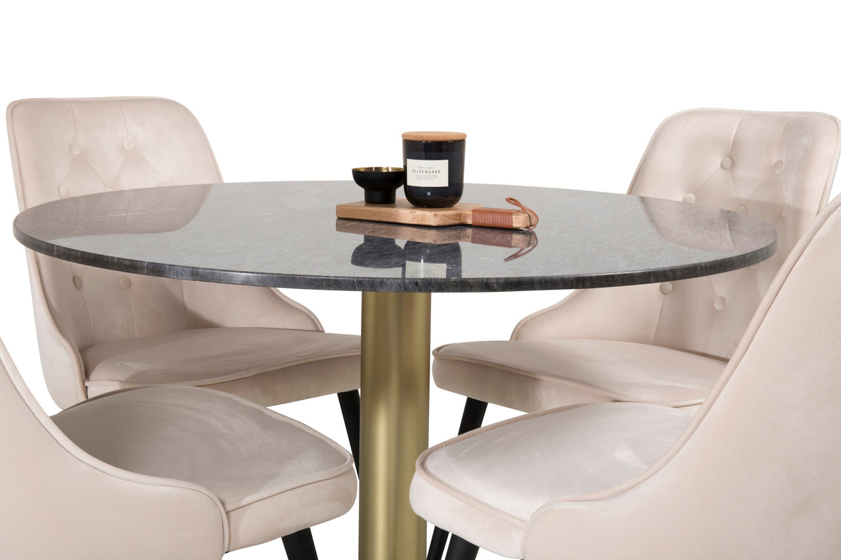 Venture Design Estelle & Velvet Deluxe Runda Matbord ⌀106 Mörkgrå + Matstolar 2-pack Beige