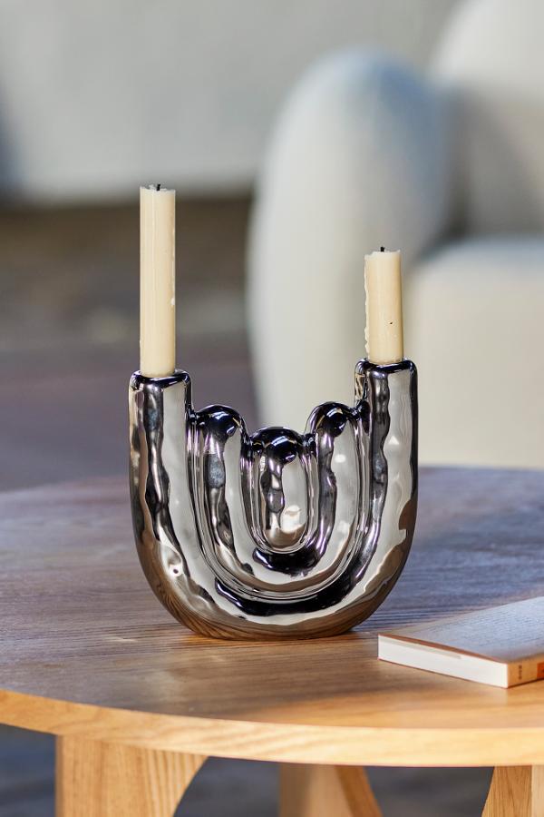 Bloomingville Shine Candle Holder, Silver, Stoneware