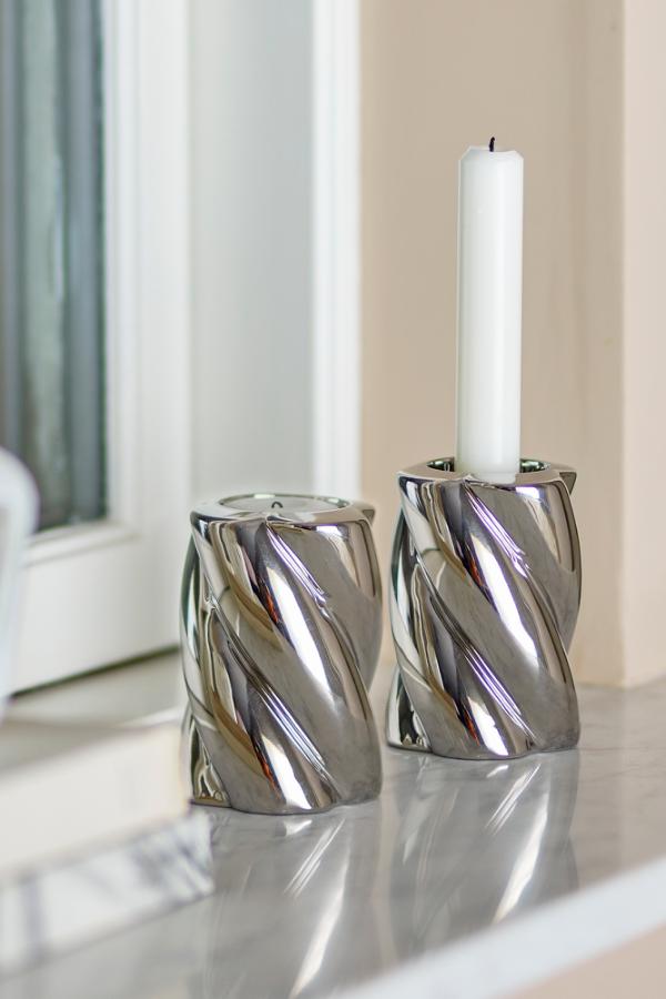 Bloomingville Silvia Candle Holder, Silver, Stoneware