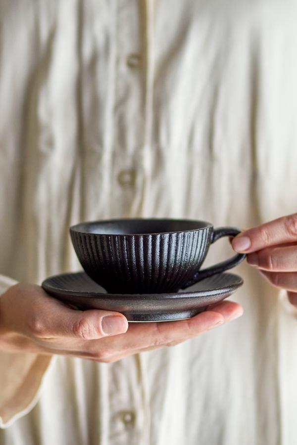 Bloomingville Neri Cappuccino Cup w/Saucer, Black, Stoneware