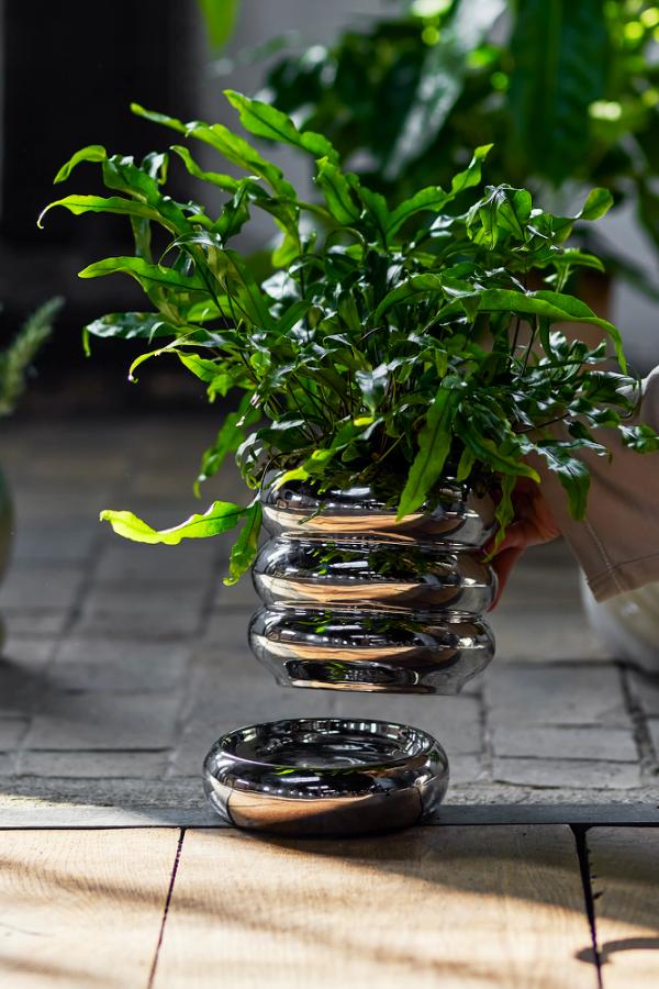 Bloomingville Shine Flowerpot w/Saucer, Silver, Stoneware