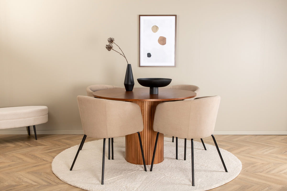 Venture Design Berit & Bianca Matstolar Beige + Runda Matbord ⌀110 Valnöt