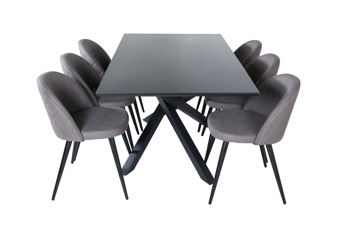 Venture Design Velvet & Piazza Matstolar 2-pack Grå + Rektangulära Matbord 180 x 90 Svart
