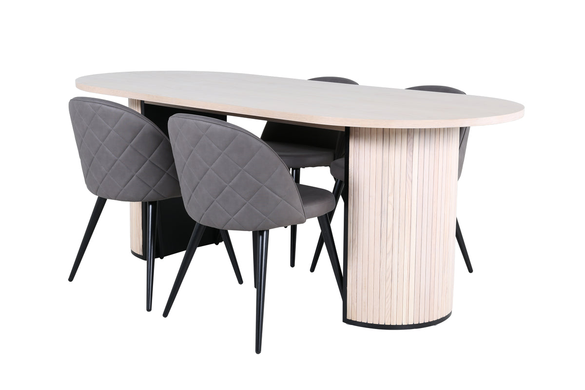 Venture Design Bianca & Velvet Ovala Matbord 200 x 90 Vitputsad + Matstolar 2-pack Grå