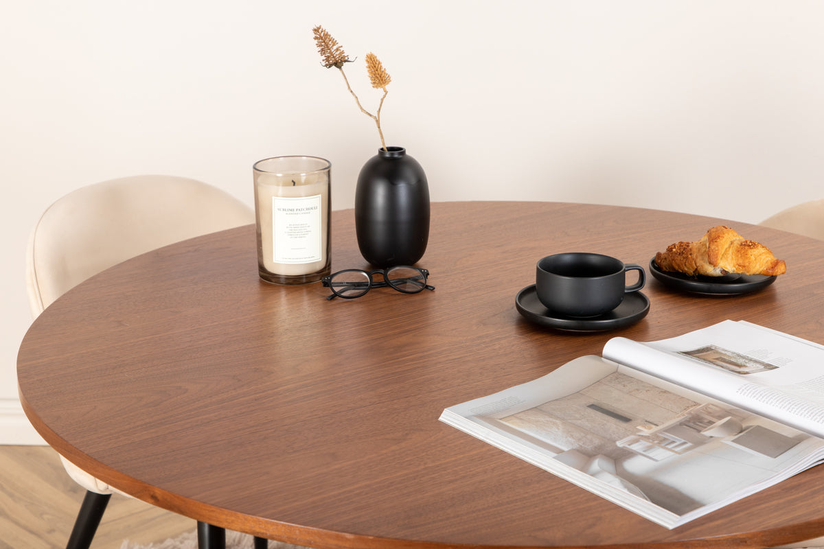Venture Design Bianca & Velvet Runda Matbord ⌀110 Valnöt + Matstolar 2-pack Beige