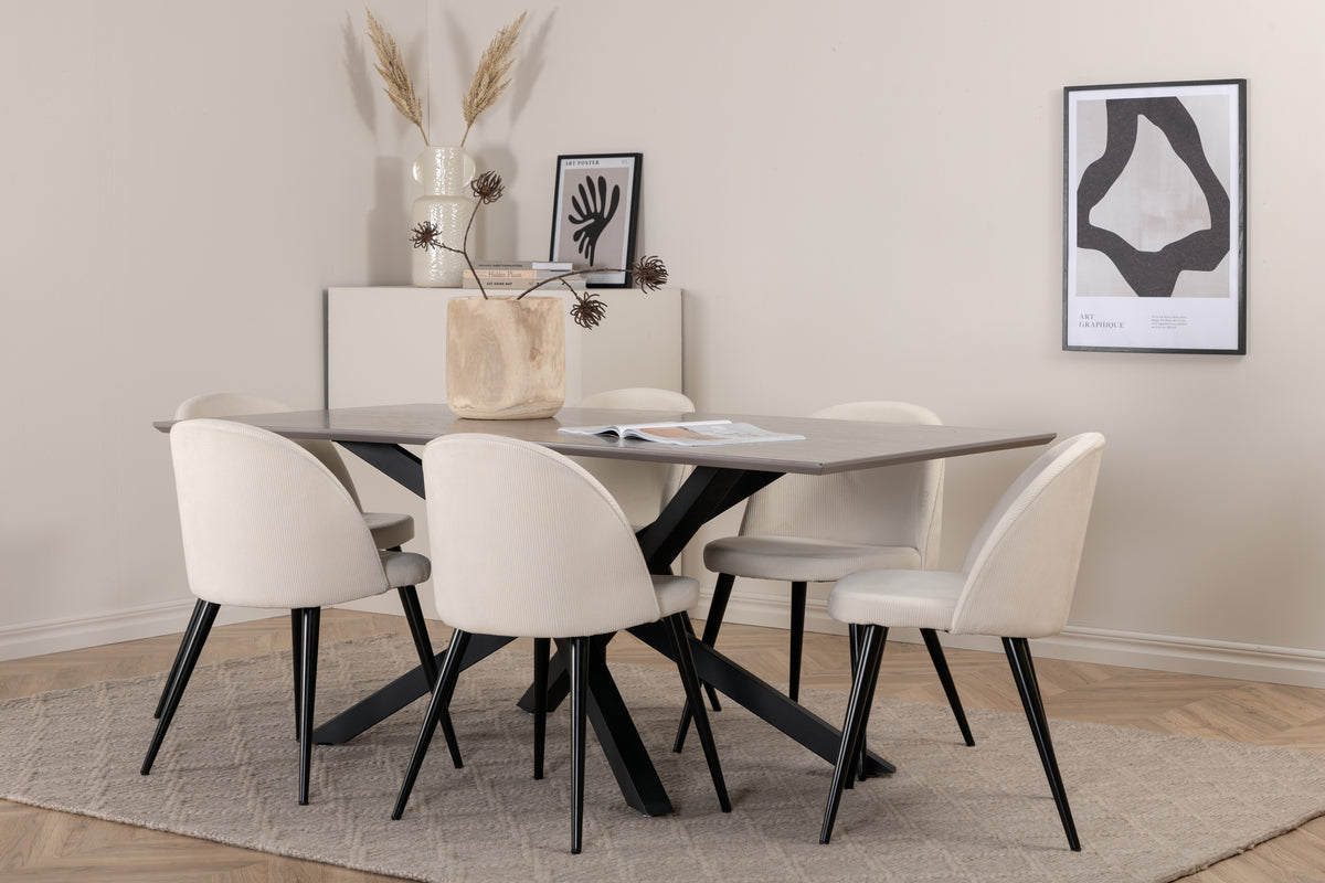 Venture Design Velvet & Piazza Matstolar 2-pack Grädde + Rektangulära Matbord 180 x 90 Svart