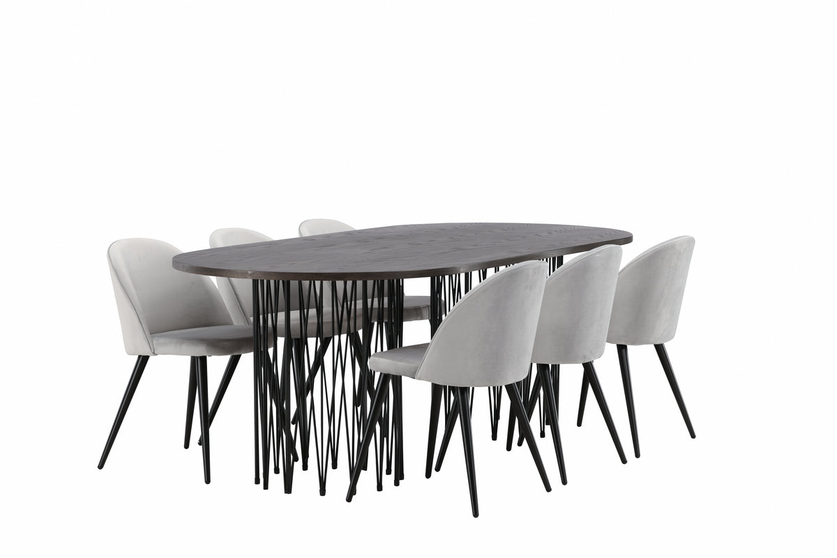 Venture Design Velvet & Stone Matstolar 2-pack Grå + Ovala Matbord 220 x 100 Mocka