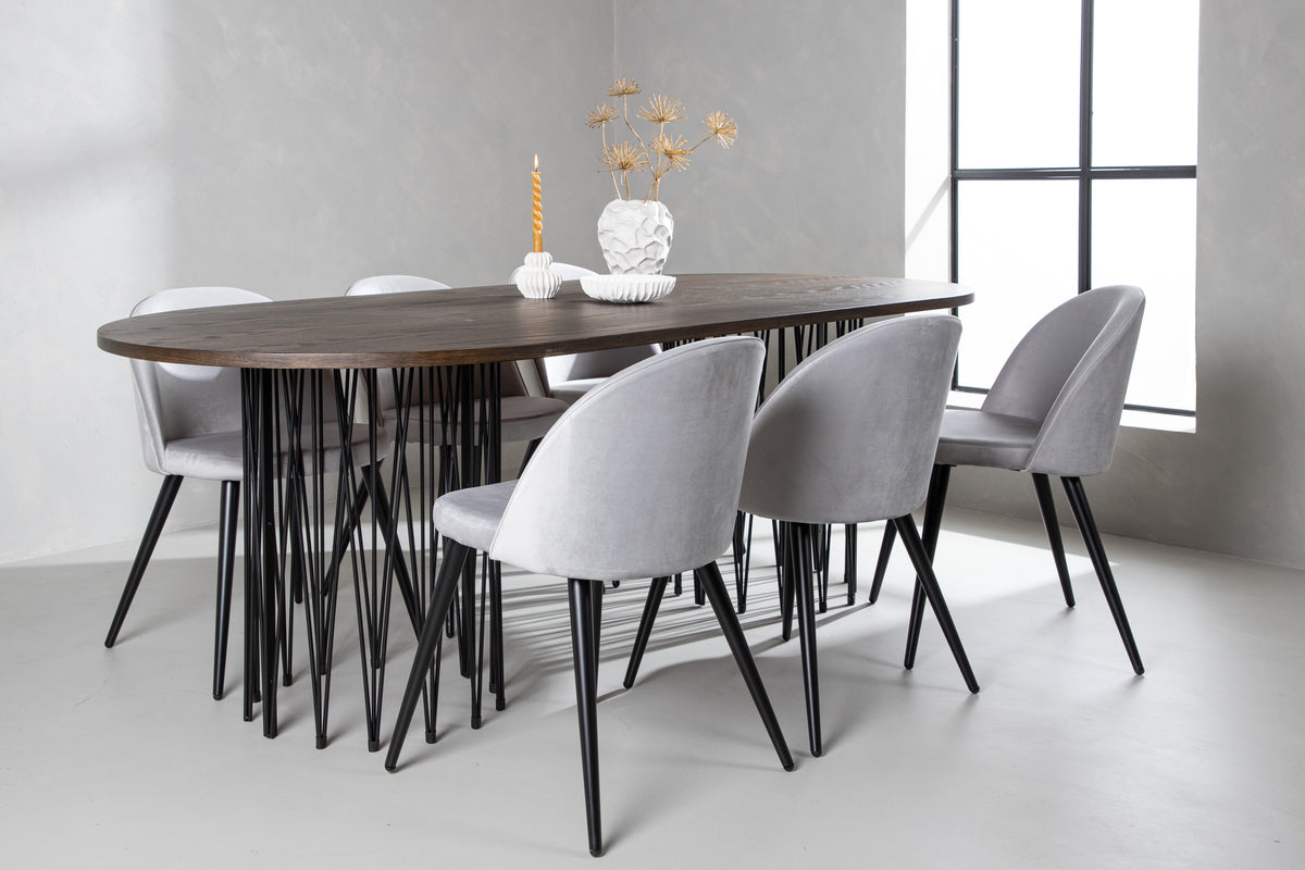 Venture Design Velvet & Stone Matstolar 2-pack Grå + Ovala Matbord 220 x 100 Mocka