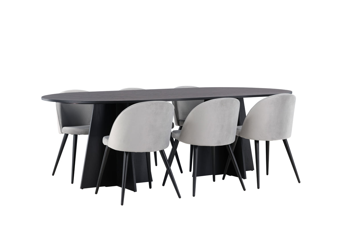 Venture Design Velvet & Bootcut Matstolar 2-pack Grå + Ovala Matbord 230 x 115 Svart