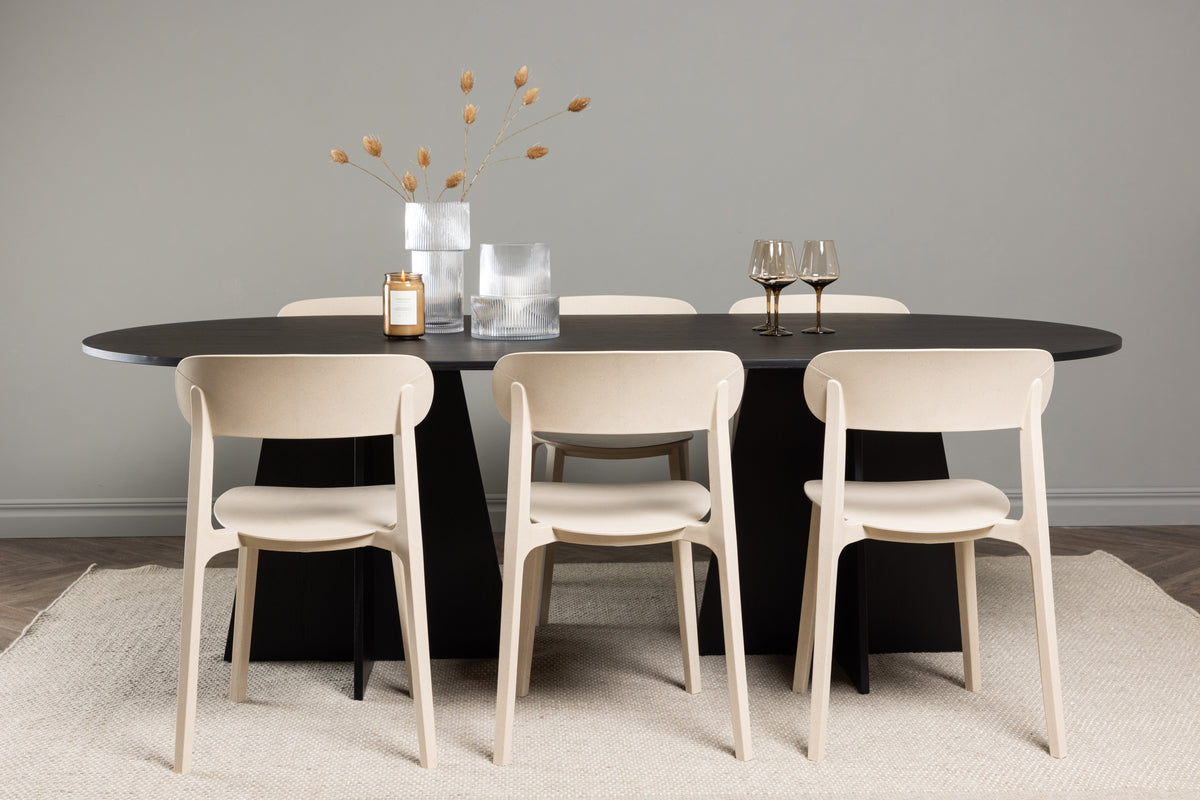 Venture Design Bootcut & Åstol Ovala Matbord 230 x 115 Svart + Matstolar 2-pack Beige