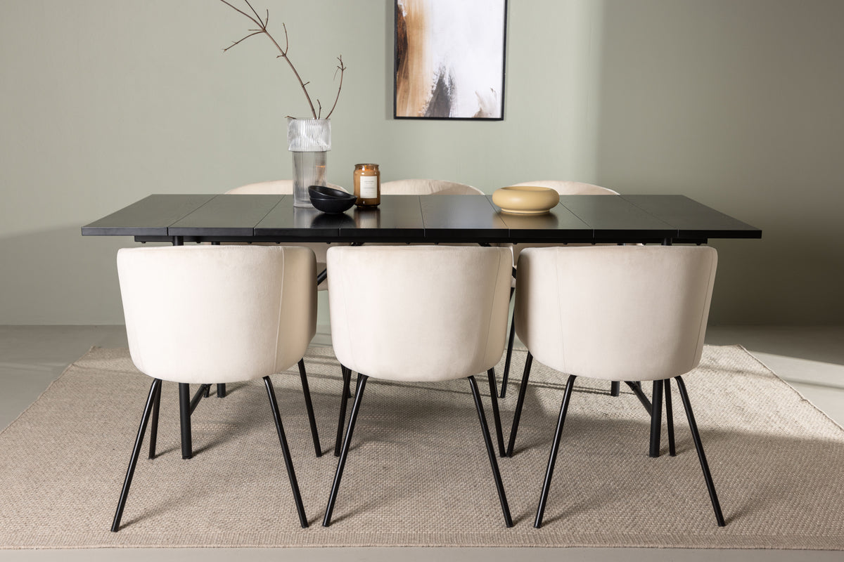 Venture Design Berit & Astrid Matstolar Beige + Rektangulära Matbord 200 x 90 Svart