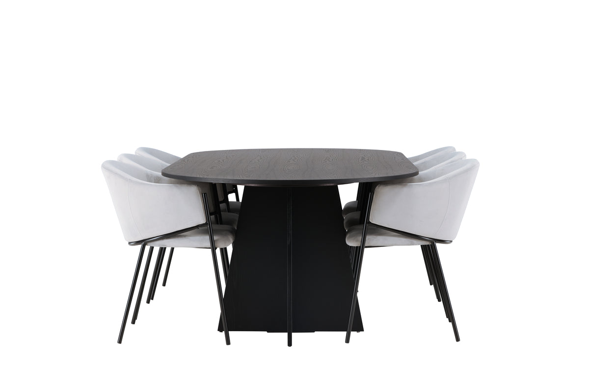 Venture Design Bootcut & Evelina Ovala Matbord 230 x 115 Svart + Matstolar 2-pack Grå