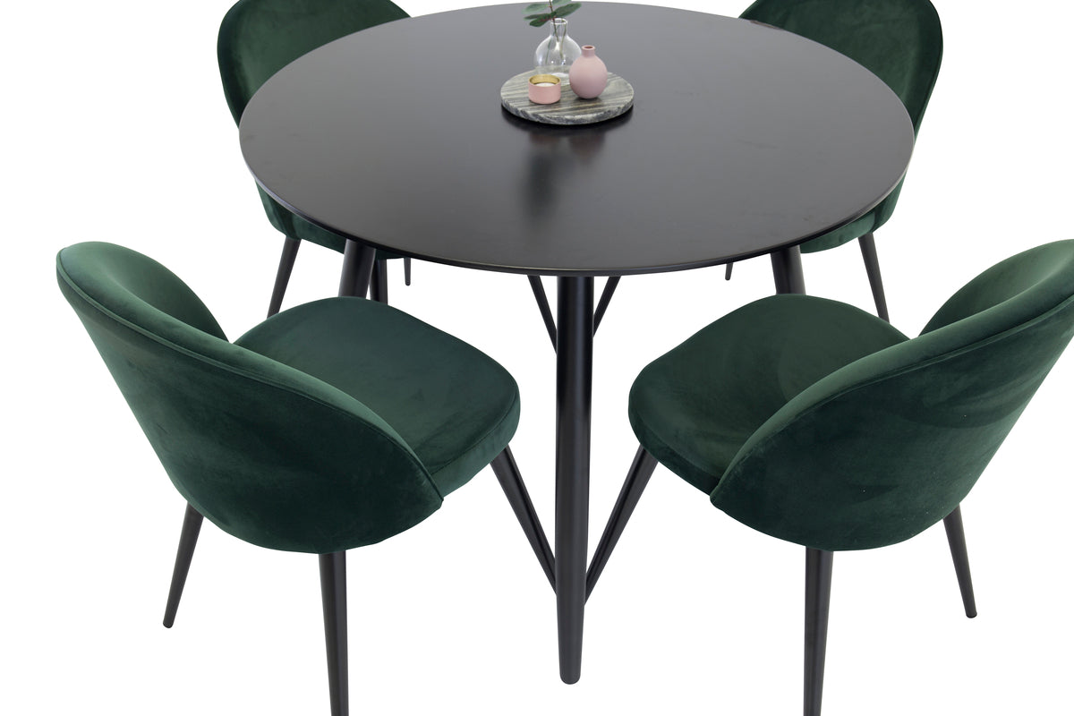 Venture Design Velvet & Plaza Matstolar 2-pack Grön + Runda Matbord ⌀100 Svart