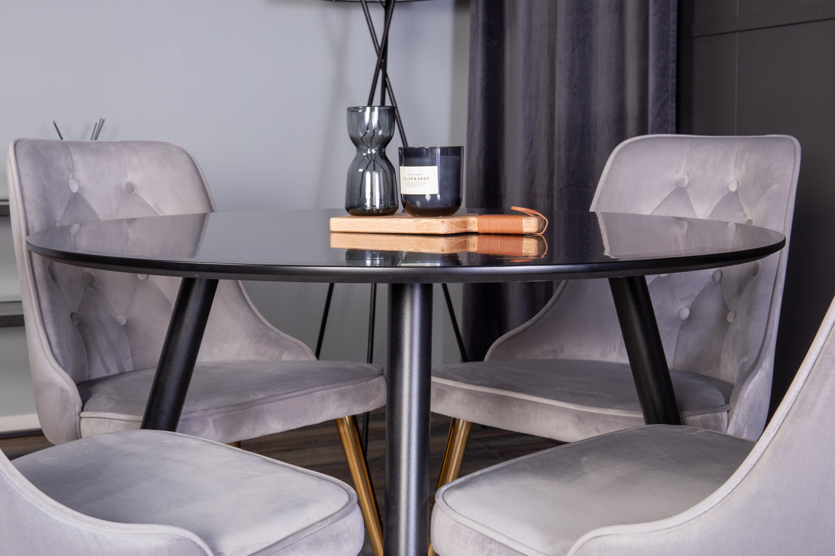 Venture Design Velvet Deluxe & Plaza Matstolar 2-pack Grå + Runda Matbord ⌀100 Svart