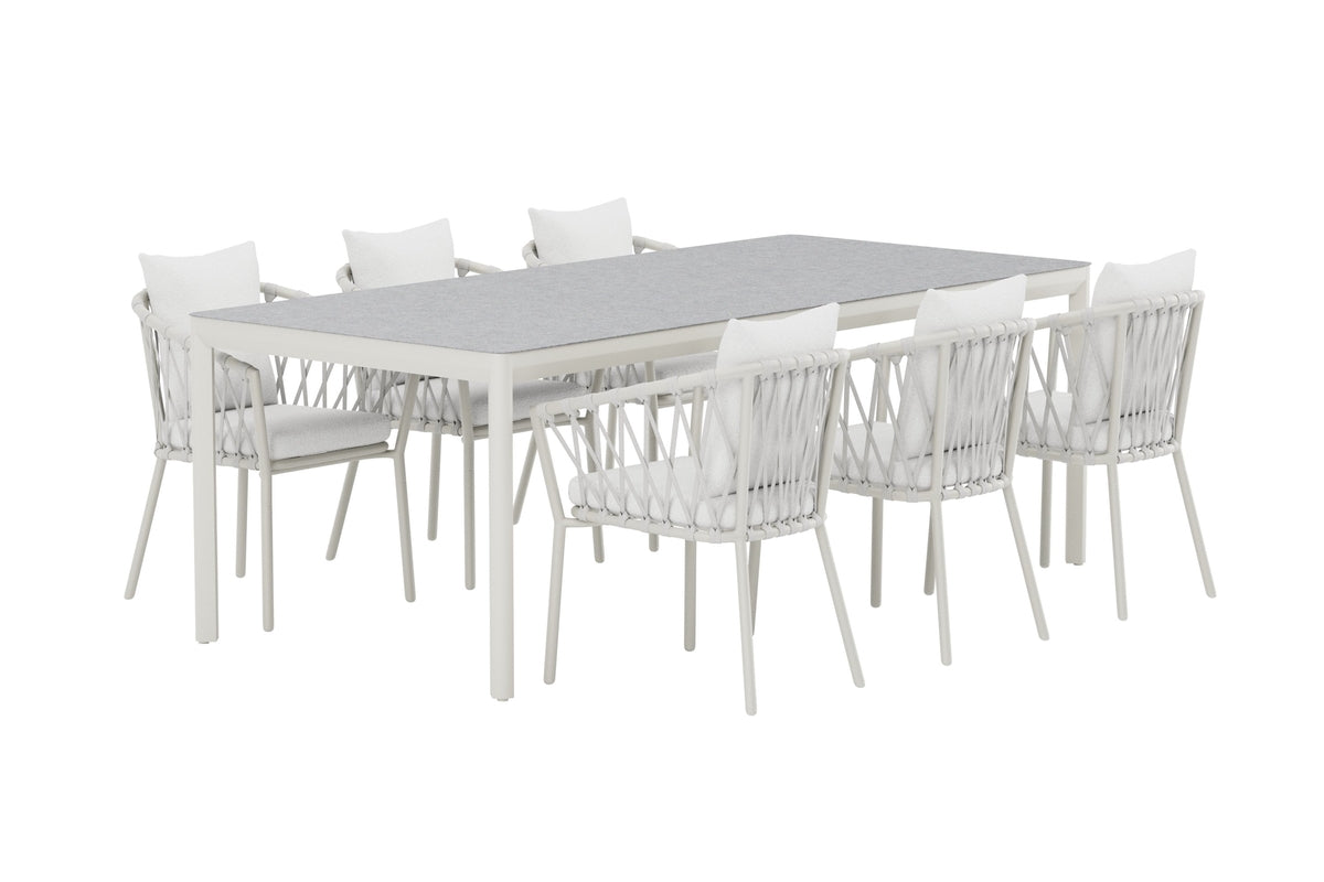 Venture Design Linos & Lino Matstolar 2-pack Vit + Rektangulära Matbord 220 x 100 Beige