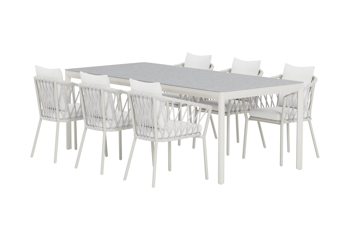 Venture Design Linos & Lino Matstolar 2-pack Vit + Rektangulära Matbord 220 x 100 Beige