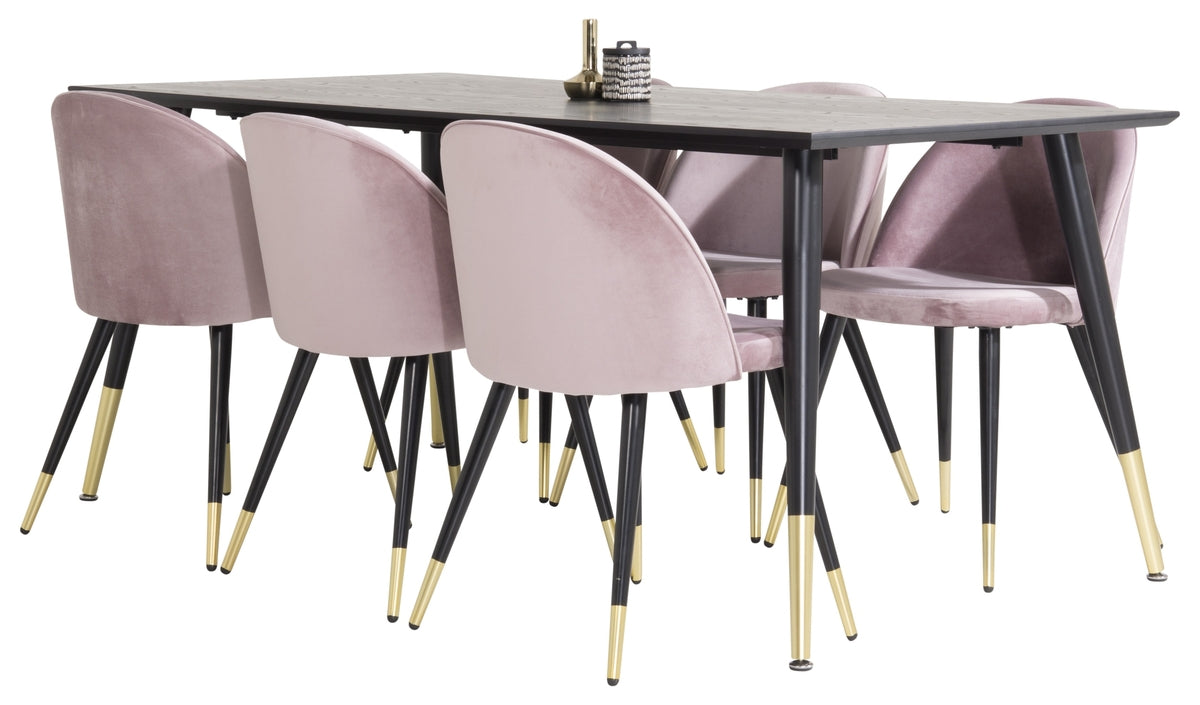 Venture Design Dipp & Velvet Rektangulära Matbord 180 x 90 Svart + Matstolar 2-pack Gammelrosa