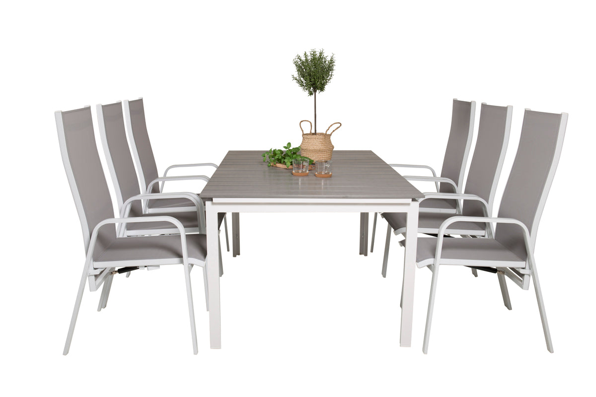 Venture Design Levels & Copacabana Rektangulära Matbord 160 x 100 Vit + Reclinerstolar 2-pack Grå