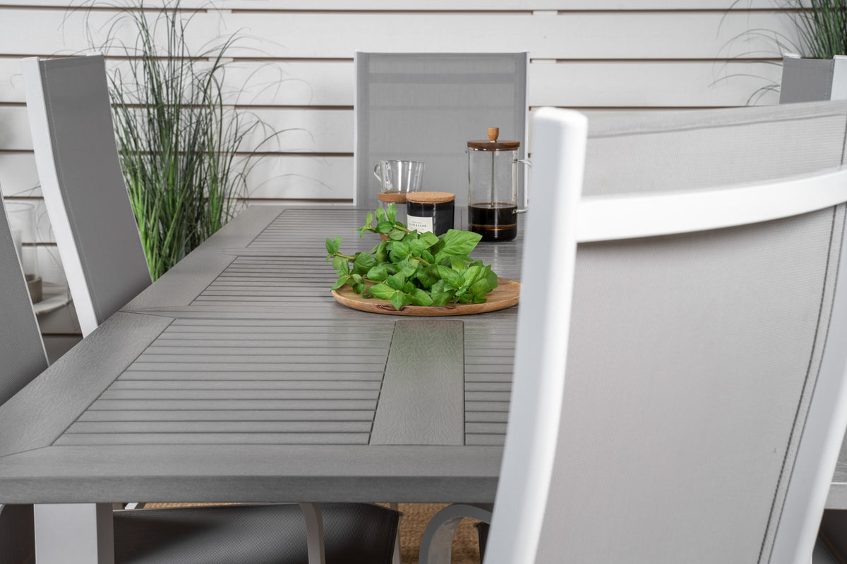 Venture Design Albany & Copacabana Rektangulära Matbord 152 x 90 Vit + Reclinerstolar 2-pack Grå