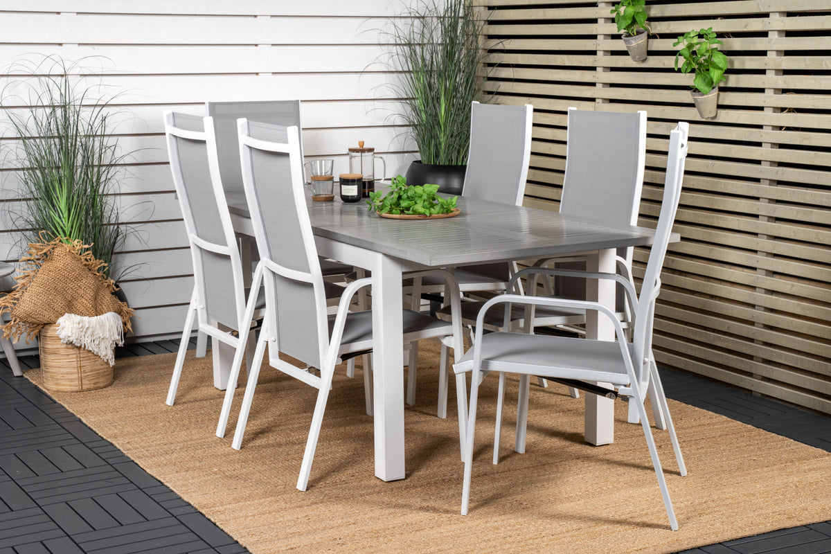 Venture Design Albany & Copacabana Rektangulära Matbord 152 x 90 Vit + Reclinerstolar 2-pack Grå