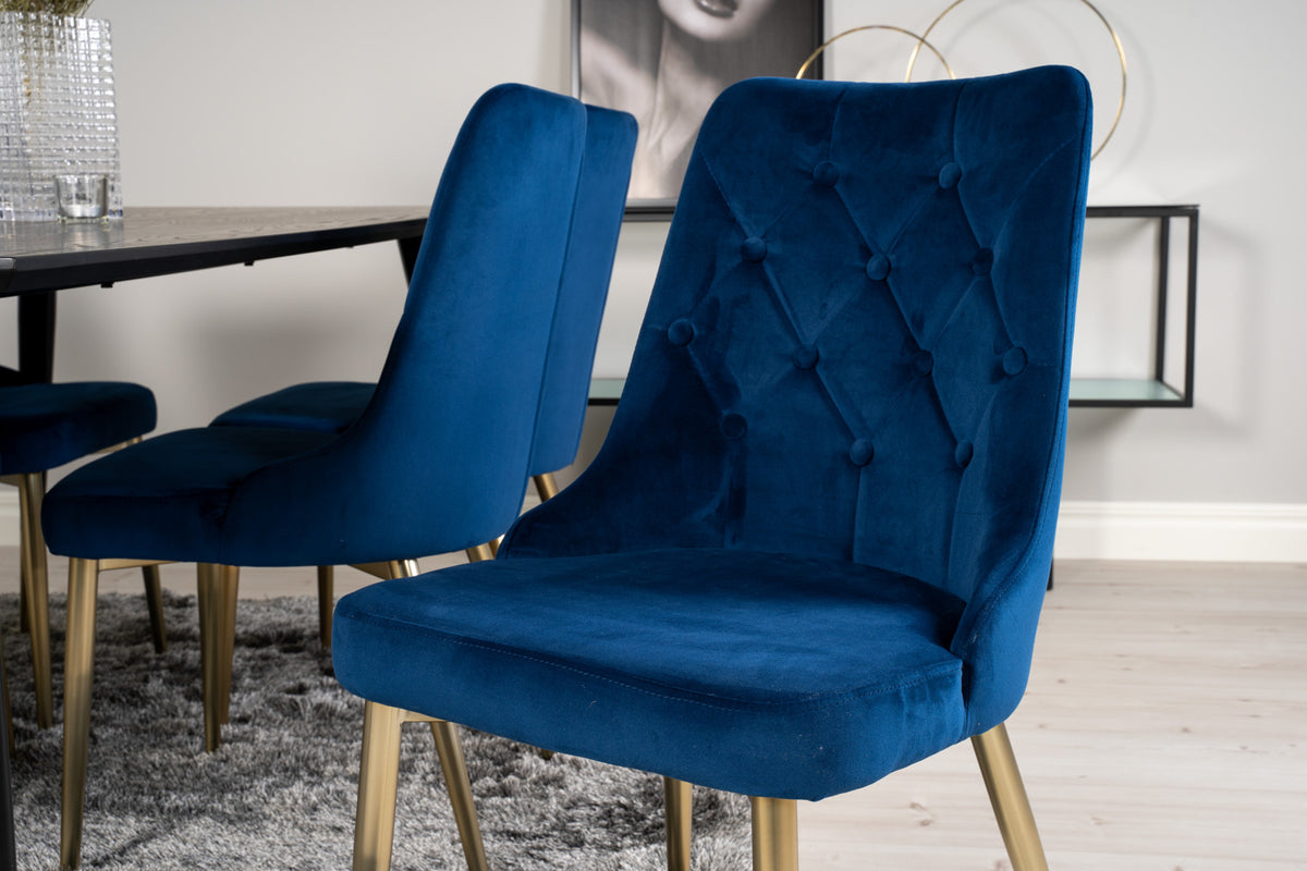 Venture Design Dipp & Velvet Deluxe Rektangulära Matbord 180 x 90 Svart + Matstolar 2-pack Blå