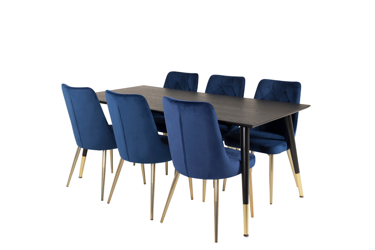 Venture Design Dipp & Velvet Deluxe Rektangulära Matbord 180 x 90 Svart + Matstolar 2-pack Blå