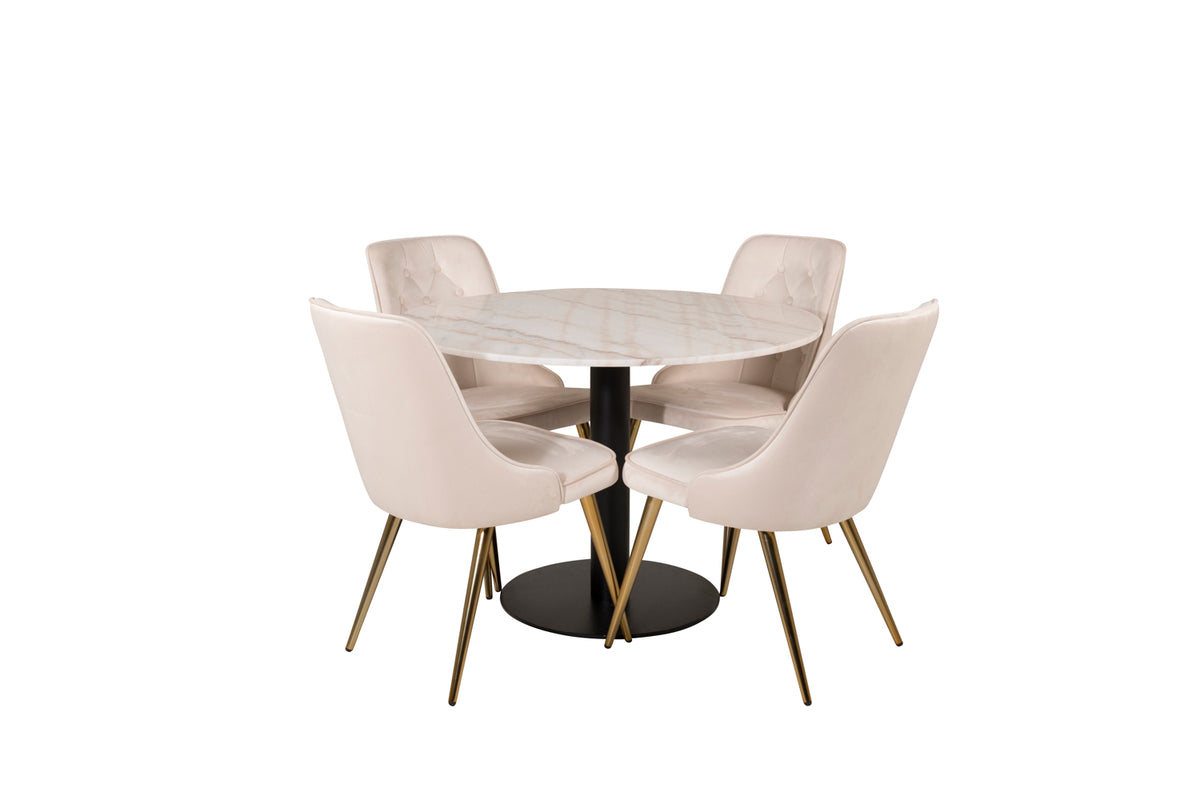 Venture Design Estelle & Velvet Deluxe Runda Matbord ⌀106 Vit + Matstolar 2-pack Beige