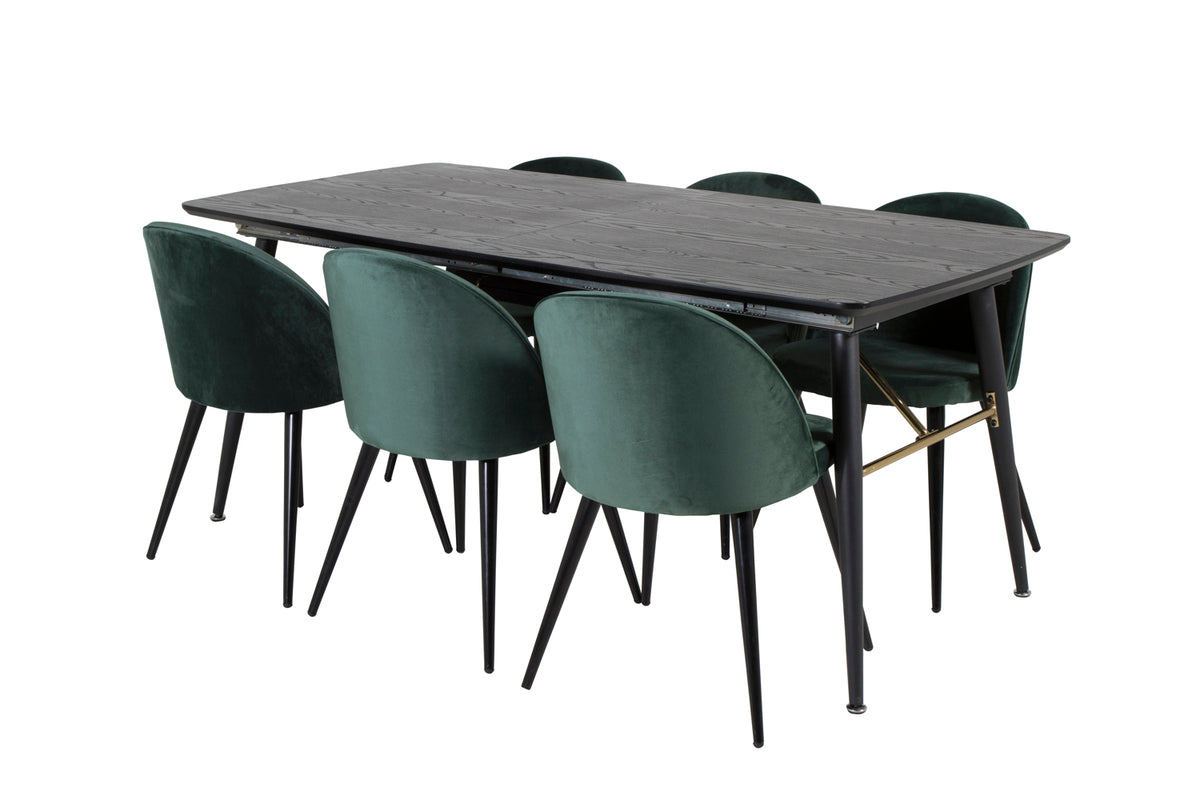 Venture Design Gold & Velvet Rektangulära Matbord 180 x 85 Svart + Matstolar 2-pack Grön