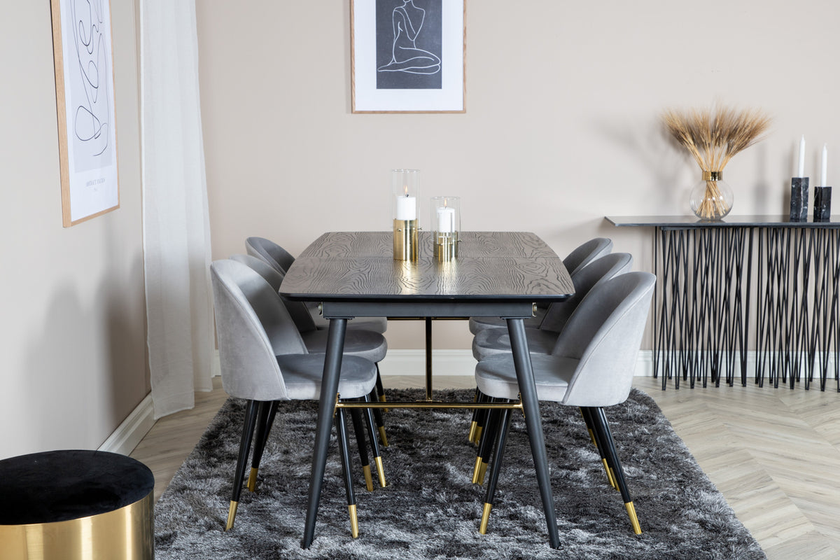 Venture Design Gold & Velvet Rektangulära Matbord 180 x 85 Svart + Matstolar 2-pack Grå