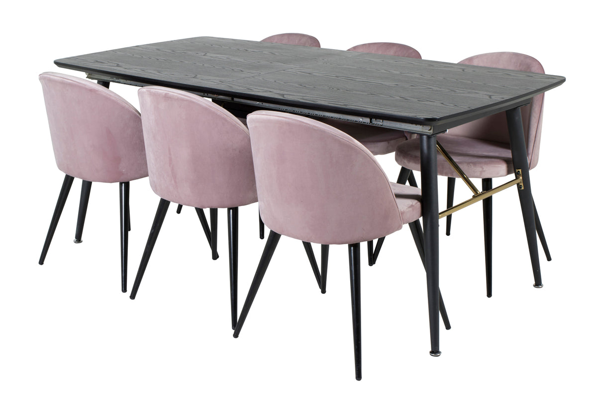 Venture Design Gold & Velvet Rektangulära Matbord 180 x 85 Svart + Matstolar 2-pack Gammelrosa
