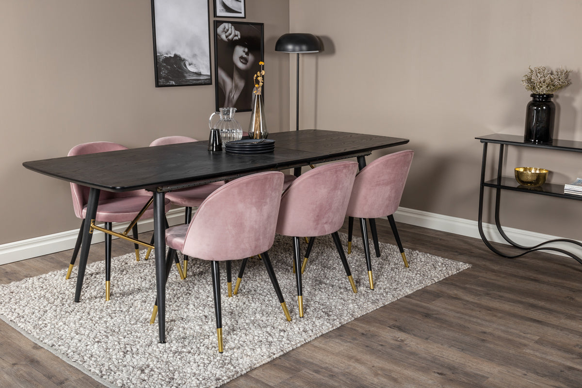 Venture Design Gold & Velvet Rektangulära Matbord 180 x 85 Svart + Matstolar 2-pack Gammelrosa