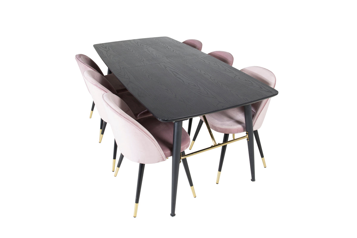 Venture Design Gold & Velvet Rektangulära Matbord 180 x 85 Svart + Matstolar 2-pack Gammelrosa