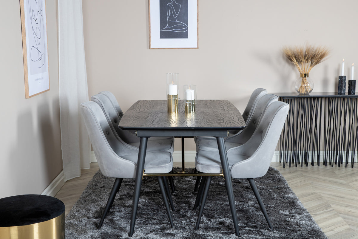 Venture Design Gold & Velvet Deluxe Rektangulära Matbord 180 x 85 Svart + Matstolar 2-pack Ljusgrå