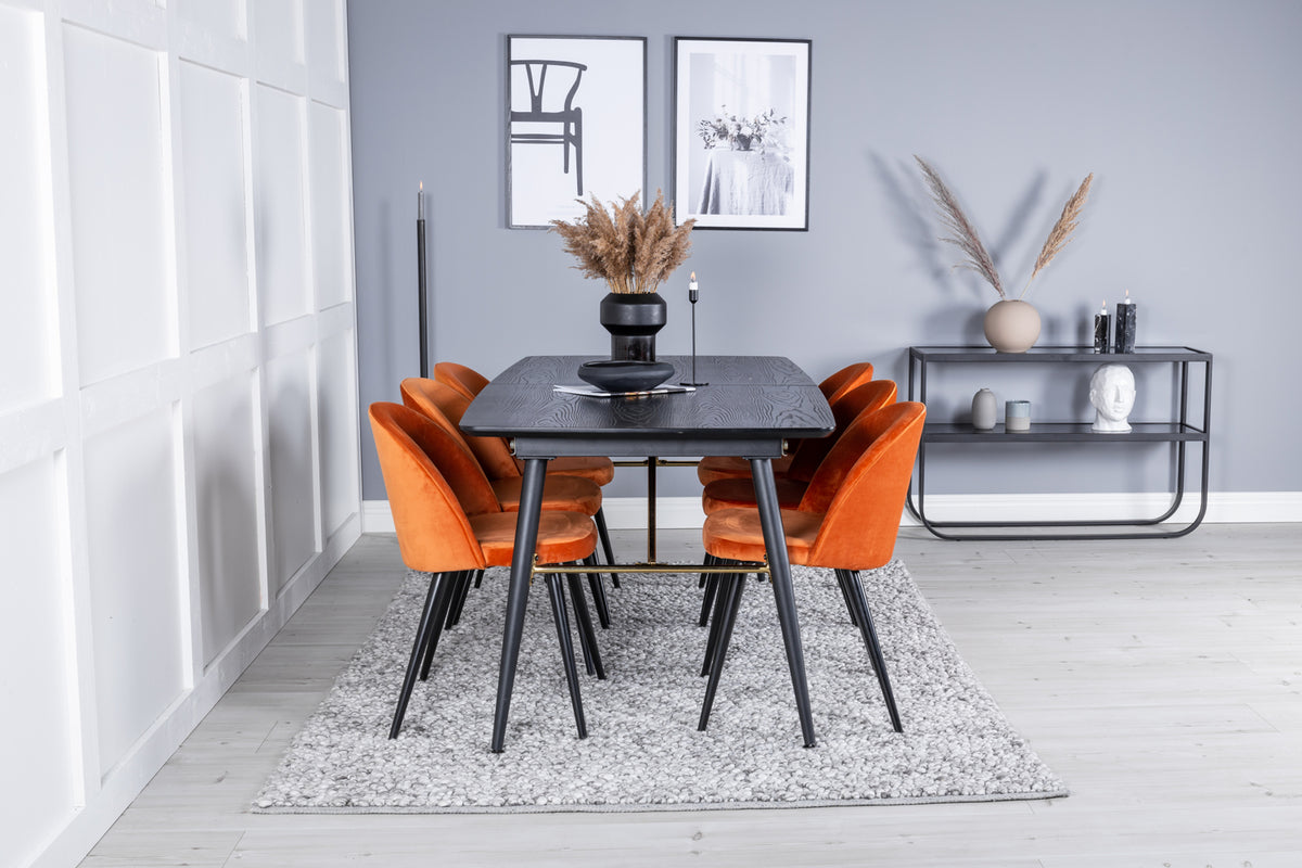 Venture Design Gold & Velvet Rektangulära Matbord 180 x 85 Svart + Matstolar 2-pack Rostig orange