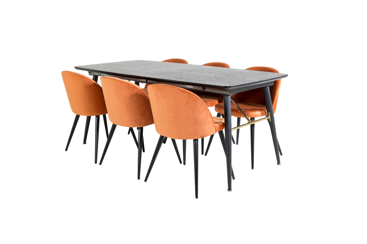 Venture Design Gold & Velvet Rektangulära Matbord 180 x 85 Svart + Matstolar 2-pack Rostig orange