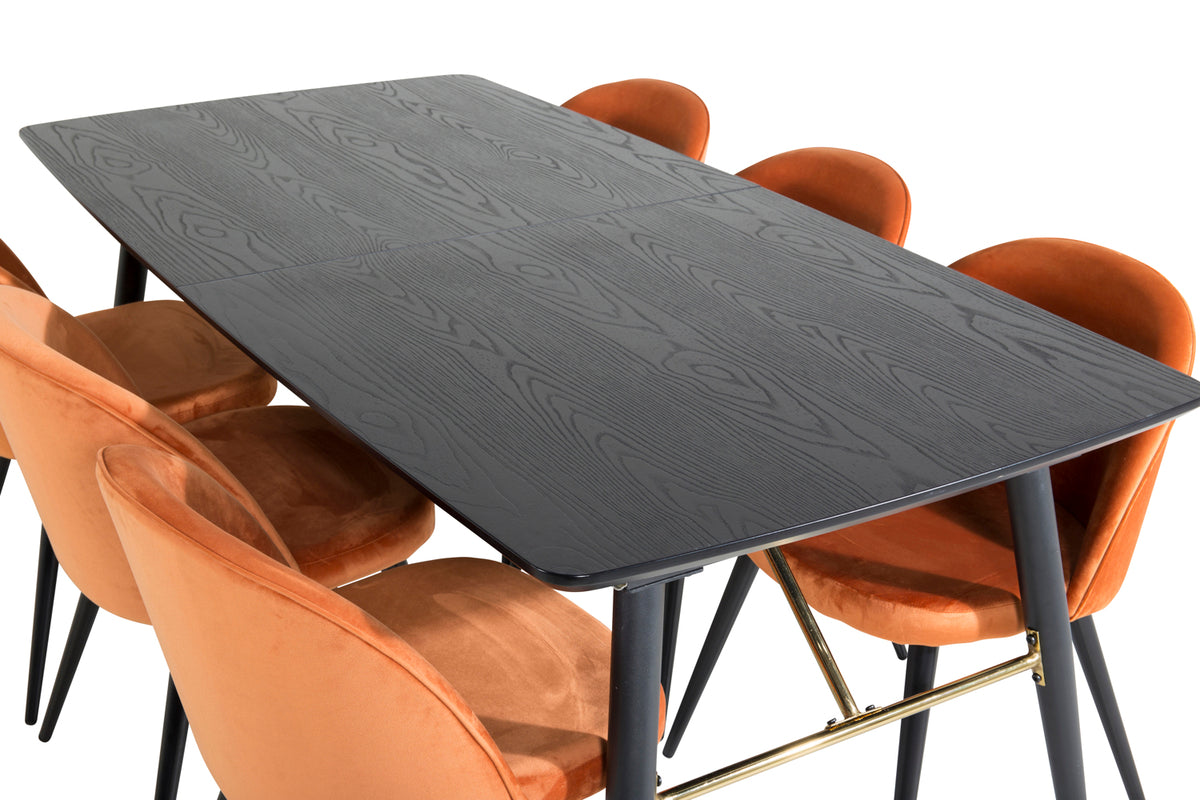 Venture Design Gold & Velvet Rektangulära Matbord 180 x 85 Svart + Matstolar 2-pack Rostig orange