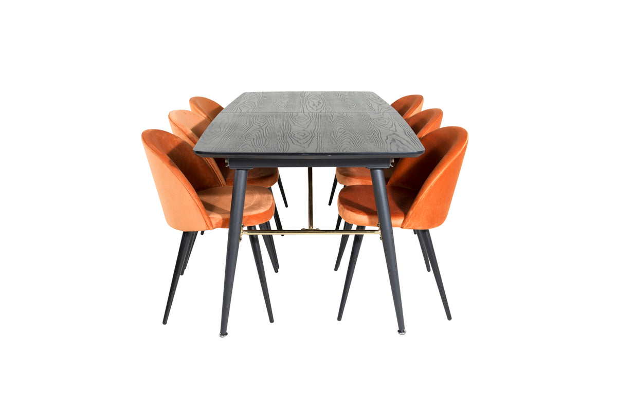 Venture Design Gold & Velvet Rektangulära Matbord 180 x 85 Svart + Matstolar 2-pack Rostig orange
