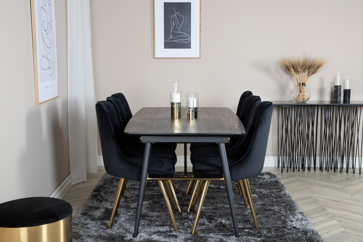 Venture Design Gold & Velvet Deluxe Rektangulära Matbord 180 x 85 Svart + Matstolar 2-pack Svart