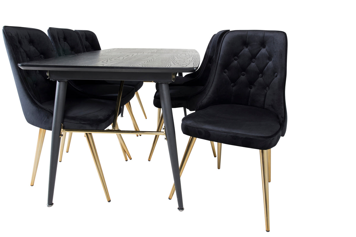 Venture Design Gold & Velvet Deluxe Rektangulära Matbord 180 x 85 Svart + Matstolar 2-pack Svart