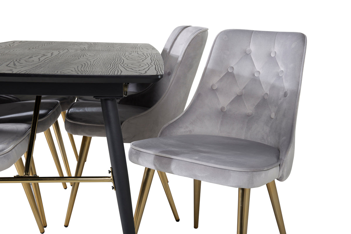Venture Design Gold & Velvet Deluxe Matbord 85x180 + Matstolar Grå