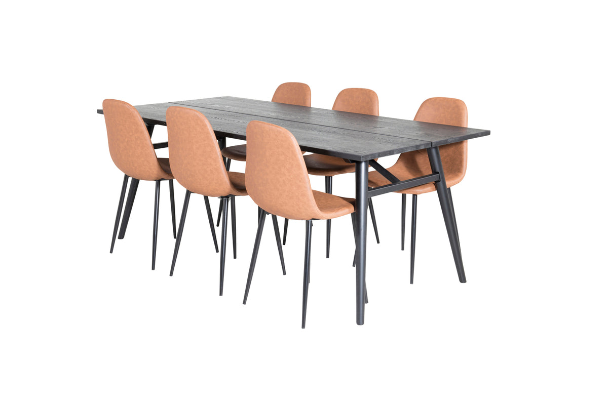 Venture Design Sleek & Polar Rektangulära Matbord 195 x 95 Svart + Matstolar 2-pack Brun