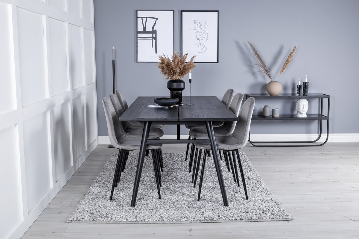 Venture Design Sleek & Polar Rektangulära Matbord 195 x 95 Svart + Matstolar 2-pack Grå