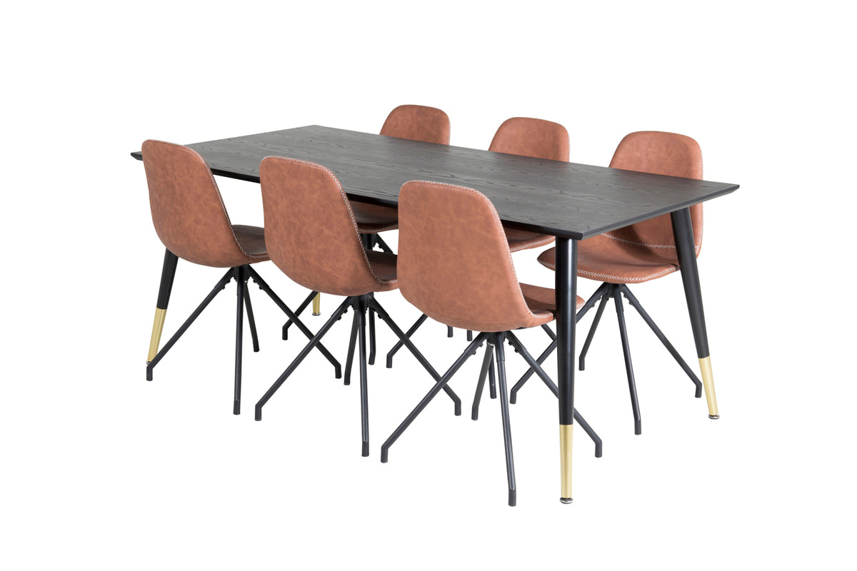 Venture Design Dipp & Polar Rektangulära Matbord 180 x 90 Svart + Matstolar 2-pack Brun