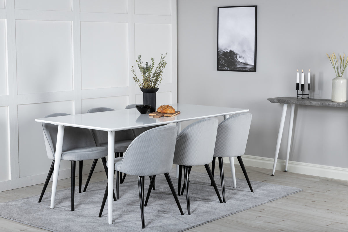 Venture Design Polar & Velvet Rektangulära Matbord 180 x 90 Vit + Matstolar 2-pack Ljusgrå