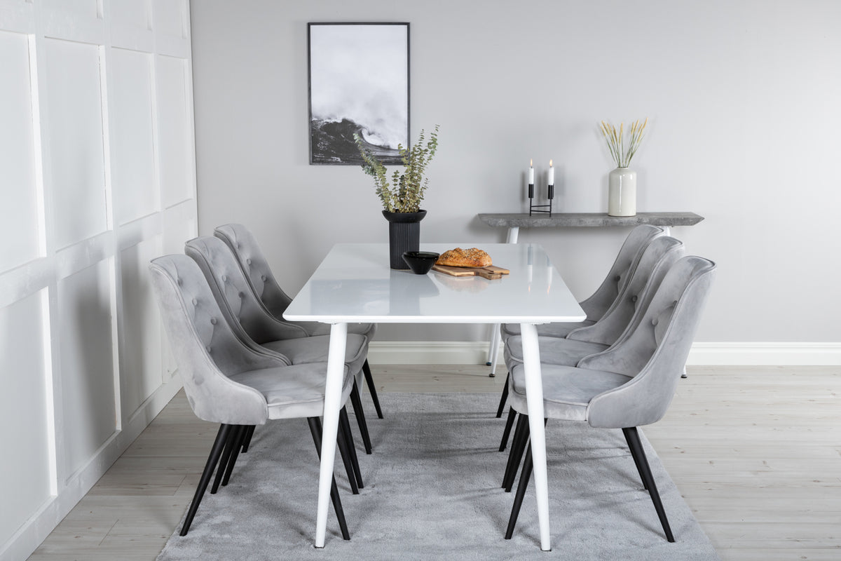 Venture Design Polar & Velvet Deluxe Rektangulära Matbord 180 x 90 Vit + Matstolar 2-pack Ljusgrå